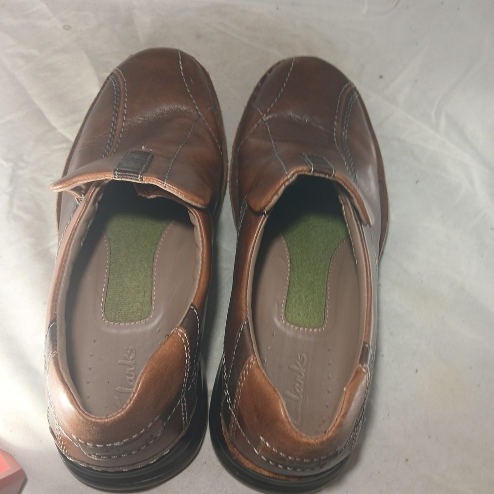 Clarks Loafers 10M Brown Leather Slip On Square Toe Contrast Stitch 70846 Mens‎ - Picture 7 of 10